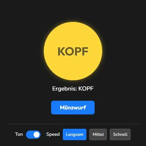 Münzwurf digital Screenshot vom Online Tool zwecks Münze werfen Kopf oder Zahl toolhubs.de