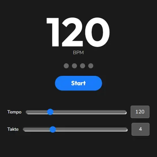 Metronom online Screenshot vom Online Tool Einstellungen BPM von 10 bis 500 Takt von 1 bis 12 toolhubs.de