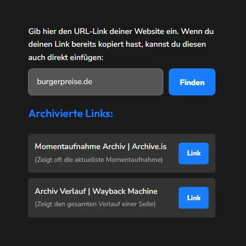 Website Archiv Finder Screenshot vom Online Tool toolhubs.de
